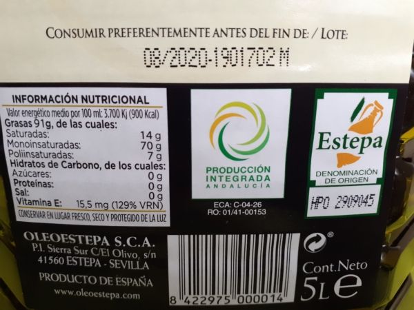 Fecha de consumo preferente del aceite de oliva virgen extra de la DOP Estepa