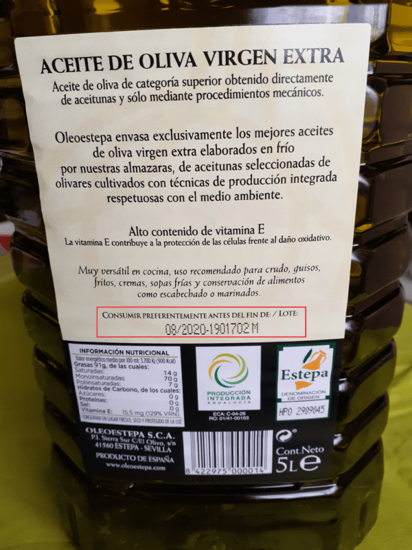 Fecha de consumo preferente del Aceite de Oliva Virgen Extra de la DOP Estepa